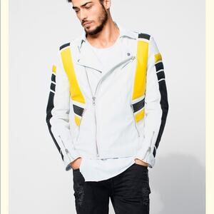 Tigha Leather Biker Jacket in White Yellow Black
